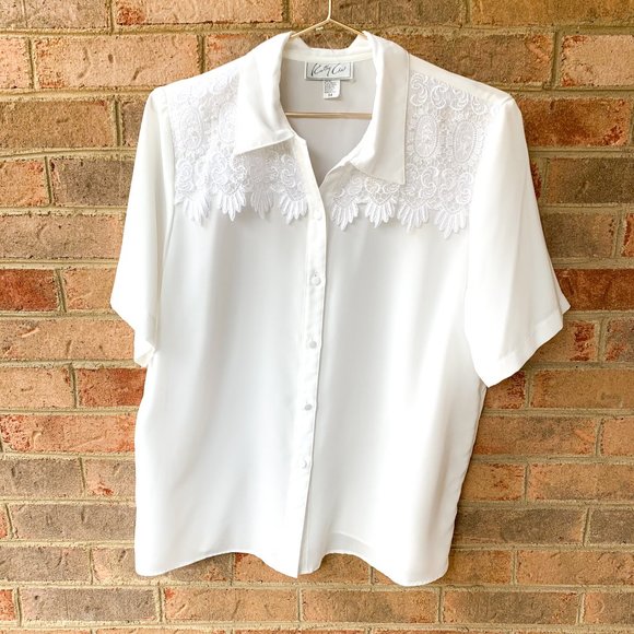 Vintage Tops - Vintage Kathy Che White Pearl Lace Western Shirt
